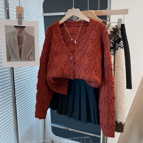 v领针织开衫女2025春秋新款宽松慵懒风外穿上衣加厚洋气毛衣外套图片