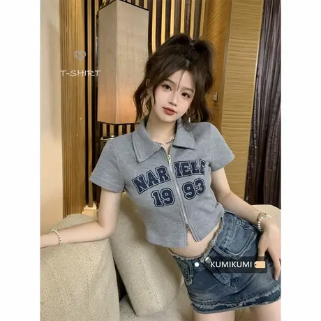 polo领短袖t恤女夏季2025新款复古字母印花短款拉链双拉链开衫潮图片