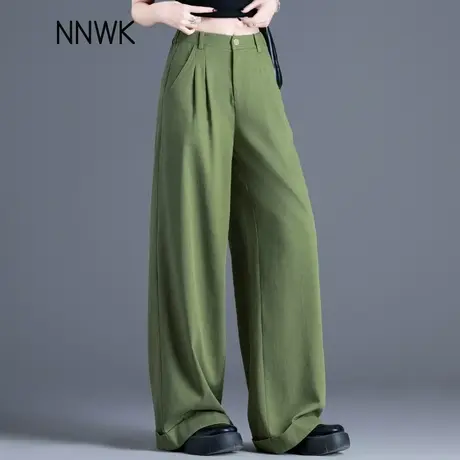 绿色裤子女2025新款夏季薄款天丝垂感冰丝阔腿裤高腰直筒裤休闲裤商品大图