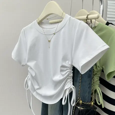 辣妹抽绳收腰短袖T恤女夏季新款修身显瘦设计感小众短款上衣半袖商品大图