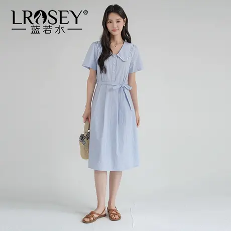 蓝若水大码女装2025夏季新品胖MM蝴蝶结系带收腰条纹娃娃领连衣裙商品大图