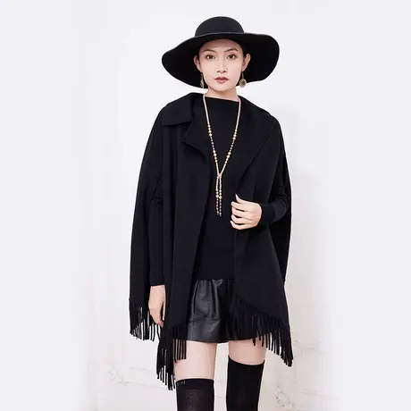 希区瑞普新品2024冬羊毛呢流苏带袖大码显瘦短款高端黑色披肩大衣图片