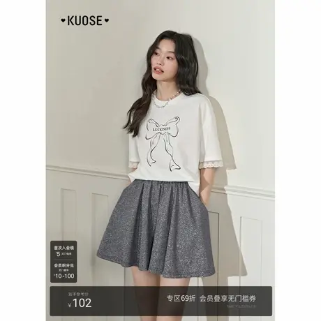 阔色蕾丝花边短袖t恤女2025夏季新款蝴蝶结字母印花版型白色上衣图片