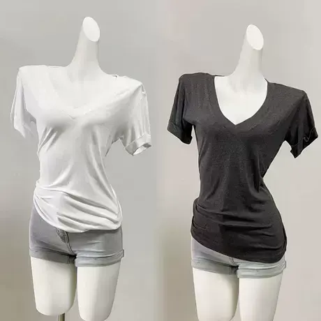 大V领凉感短袖T恤女夏季新款宽松薄款纯色正肩休闲上衣图片