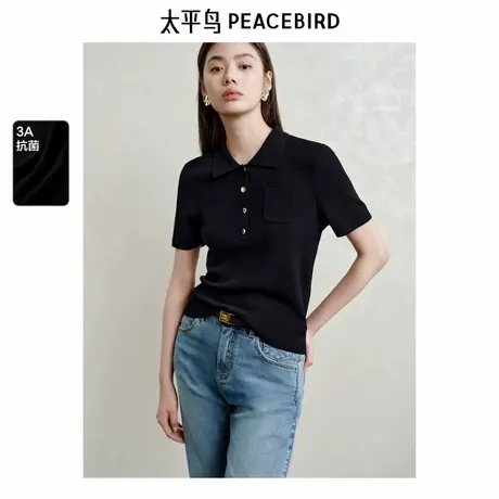【来了就好】太平鸟薄荷抗菌翻领短袖针织衫黑金纽扣通勤套衫图片