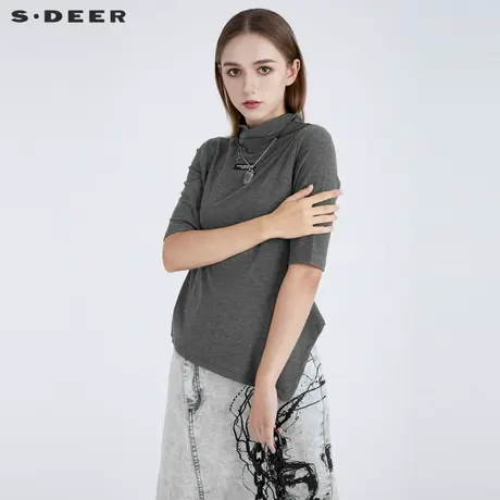 sdeer圣迪奥女装夏装半高领字母不规则短袖T恤S21280111图片