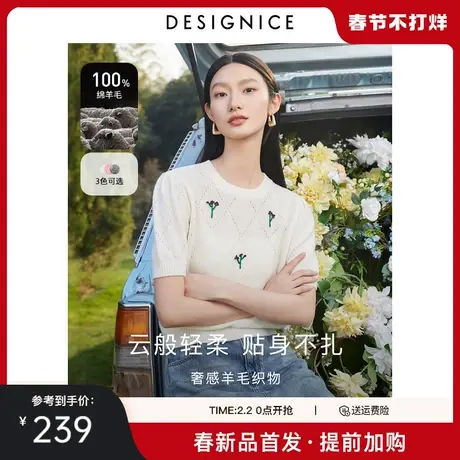 迪赛尼斯2025年春季新款通勤风简约圆领短袖羊毛衫短款套头毛衣女商品大图