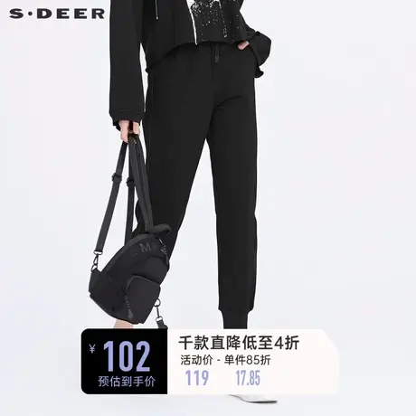sdeer圣迪奥冬季女装时尚抽绳松紧罗纹运动黑色束脚长裤S20480813图片