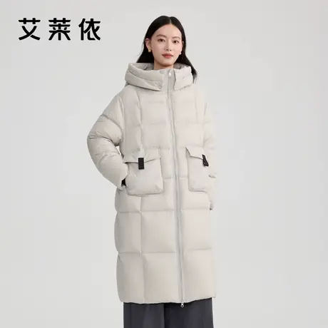 【直播】艾莱依2024新款羽绒服女轻运动过膝长款连帽保暖简约时尚商品大图