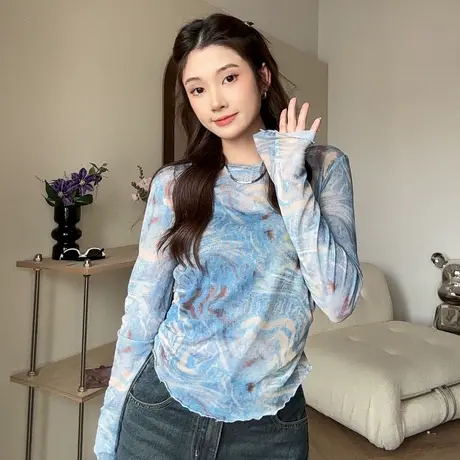 尔给内搭长袖T恤上衣蓝色小众圆领扎染短款印花慵懒风打底衫女商品大图