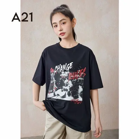 A21女装针织宽松圆领落肩短袖T恤夏季女生纯棉设计感嘻哈潮牌上衣图片