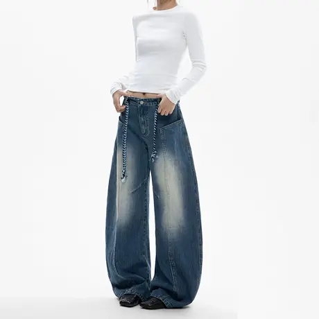 美式复古宽松阔腿弯刀牛仔裤女2025夏季新款cleanfit休闲拖地长裤商品大图