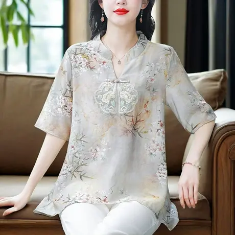 新中式国风中长款短袖雪纺衫女夏季新款洋气妈妈上衣遮肉显瘦小衫商品大图