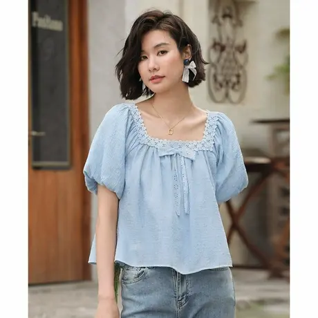 弥古雾霾蓝法式方领上衣小众不撞款高级感女夏季蕾丝拼接雪纺t恤商品大图