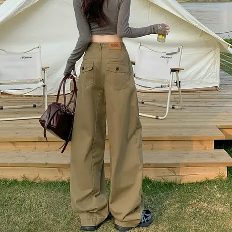 美式复古拿铁咖阔腿裤女春秋新款高腰弯刀显瘦宽松休闲工装拖地裤商品大图