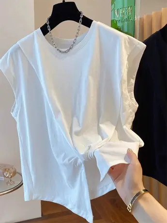 设计感小众无袖t恤女夏季宽松休闲洋气百搭不规则扭结飞飞袖上衣图片