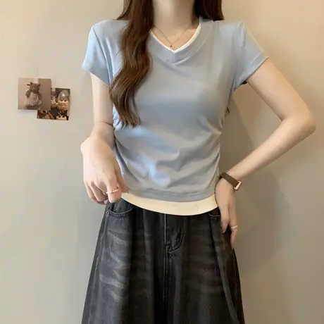褶皱收腰假两件T恤女夏季韩版修身辣妹短款V领短袖上衣打底衫内搭商品大图