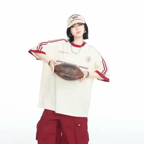 美式复古撞色印花短袖T恤女夏季2025新款宽松休闲运动风半袖上衣图片