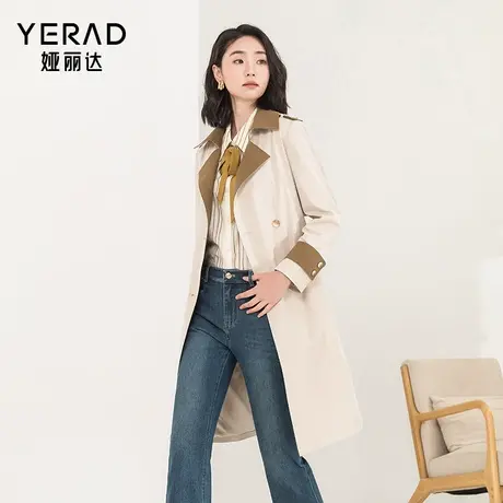 娅丽达商场同款撞色拼接风衣外套女2025春秋新款小个子中长款大衣商品大图