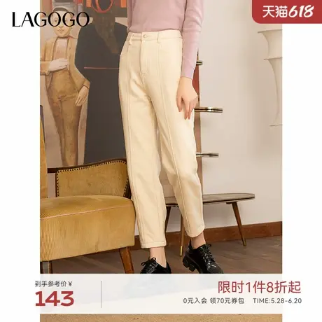 LAGOGO白色加绒牛仔裤女拉谷谷春秋新款火山岩高腰直筒保暖九分裤商品大图
