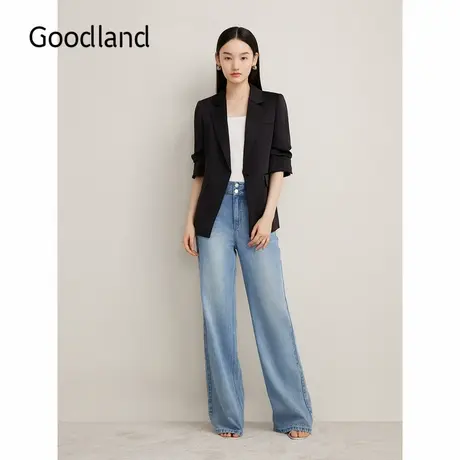 Goodland美地夏季缎面肌理简约一粒扣休闲西装短外套商品大图
