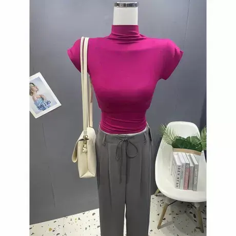 2022夏季韩版高领气质纯色短袖T恤女短款内搭小众设计感显瘦上衣商品大图