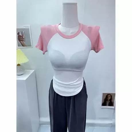 斩男bi入～纯欲辣妹薄款微透撞色插肩袖t恤衫女修身显身材上衣夏商品大图