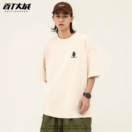 日系复古松树胸标短袖t恤男夏季露营落肩ins风简约户外体恤衫商品大图