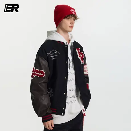 ER字母毛巾绣徽章撞色棒球服男女秋季街头嘻哈美式重磅飞行员夹克商品大图
