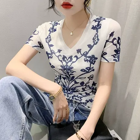 复古印花短袖T恤女2024夏季新款性感V领网纱上衣时尚修身气质小衫商品大图