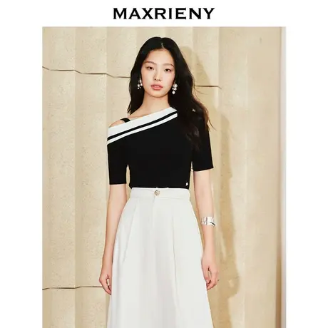 MAXRIENY优雅复古斜肩不对称针织衫修身显瘦上衣女航海系穿搭图片