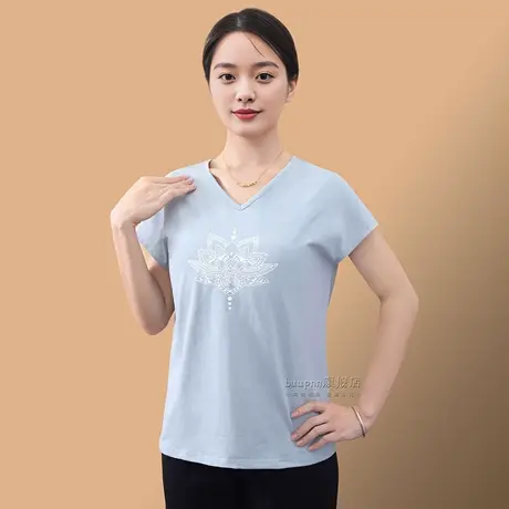 中老年防凸点连肩袖上衣女V领宽松T恤棉夏图片