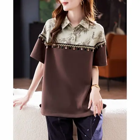 宝诗黎提花亮片拼接短袖T恤女2025夏季洋气新中式设计感休闲上衣商品大图