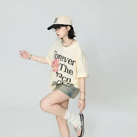 YEP纯棉杏色t恤女短袖洋气遮肉夏装原创设计潮牌oversize宽松上衣图片