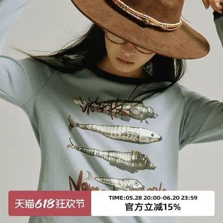 omont蛋挞家 复古撞色领印花长袖T恤2024秋圆领修身显瘦打底上衣商品大图