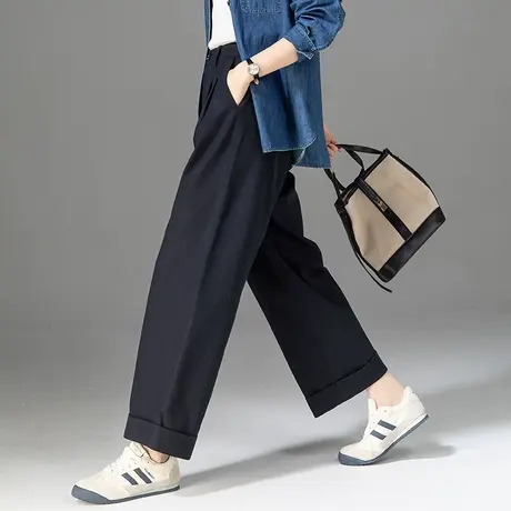 藏蓝色天丝卷边九分阔腿裤女2025春季新款休闲高腰宽松小个子裤子商品大图