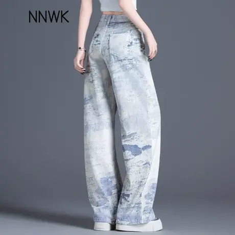 美式复古重工水墨扎染牛仔裤女2025新款夏季薄款设计感直筒阔腿裤商品大图
