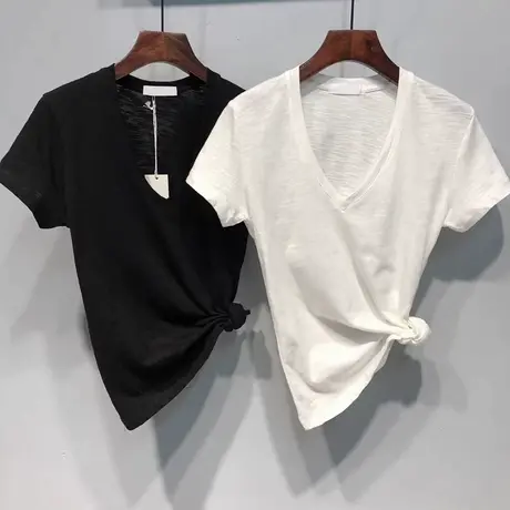 竹节棉高级感V领正肩短袖T恤女夏季修身打底衫内搭韩版半袖上衣潮图片