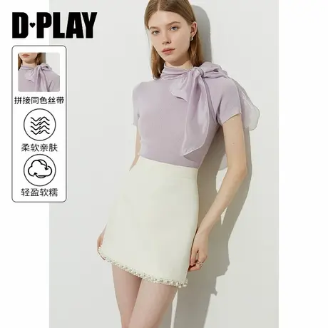 DPLAY【惠品】2025年夏季气质紫色上衣女法式蝴蝶结针织衫短袖商品大图