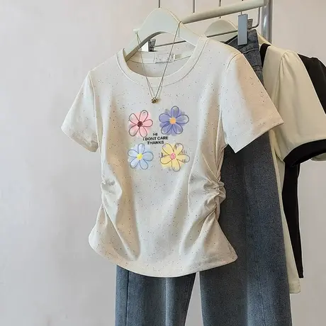 彩虹波点短袖褶皱收腰t恤女夏季新款甜妹风彩虹波点洋气短款上衣图片