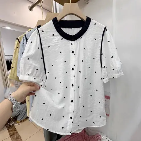高级感欧货爱心印花撞色短袖衬衫女2025夏季新款气质显瘦小衫上衣商品大图