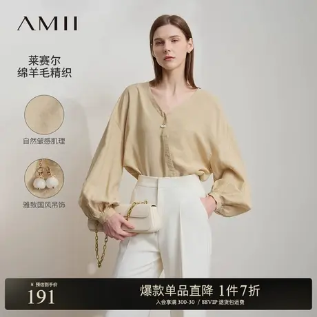 Amii2025春新款V领国风吊饰斜门襟落肩袖衬衫女宽松莱赛尔上衣商品大图