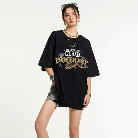 美式复古字母印花短袖t恤女潮牌夏季2025新款宽松纯棉情侣装上衣商品大图