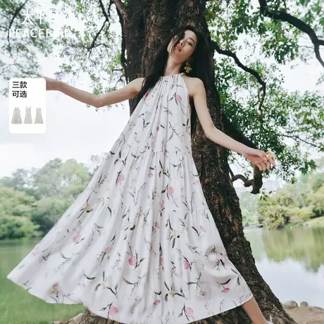 【来了就好】太平鸟碎花朵连衣裙夏新挂脖吊带长裙度假商品大图
