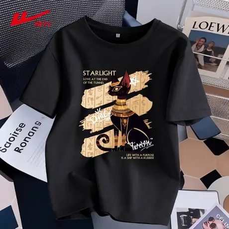 回力黑色正肩短袖t恤女款2025夏季新款美式纯棉宽松半袖上衣体恤商品大图