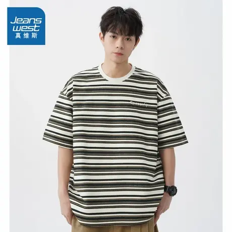 D4真维斯男装2025夏季新款 树皮肌理撞色条纹绣花设计圆领短T图片