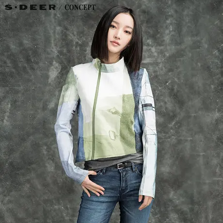 sdeer圣迪奥女2018新款女装春装装明媚色块印花短款外套S16182277图片