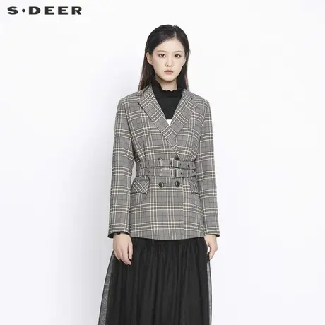 sdeer圣迪奥女装春秋装平驳领双排扣格纹收腰西装外套S21362212图片