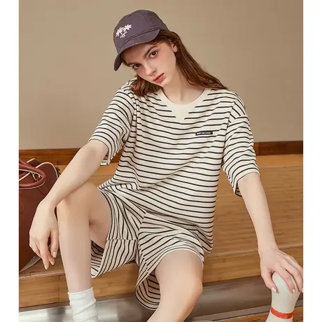 a02夏季圆领条纹短袖T恤宽松短裤慵懒风百搭女式套装商品大图