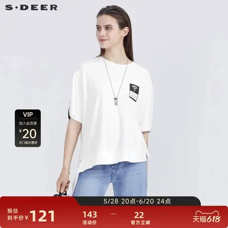 S·DEER圣迪奥女装夏季简约个性圆领印花飘带宽松T恤S21280126图片
